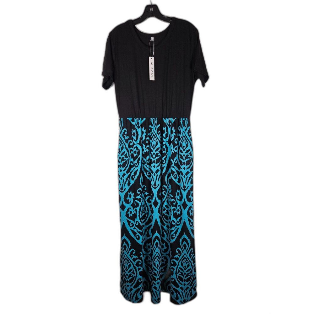 MISFAY Women's XL NWT Crew Neck Empire Waist Pocket Maxi Dress Blue Black